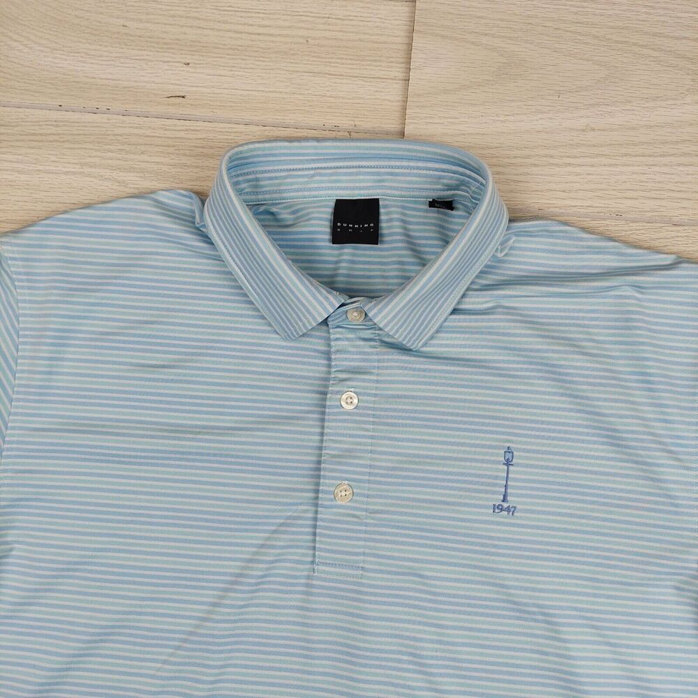Dunning Golf Polo Shirt Mens Large Blue Striped Casual Stretch‎ Performance Wick